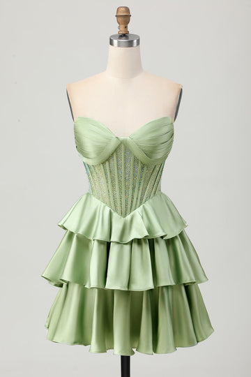 Corset A Line Strapless Tiered Beaded Green Homecoming Dress
